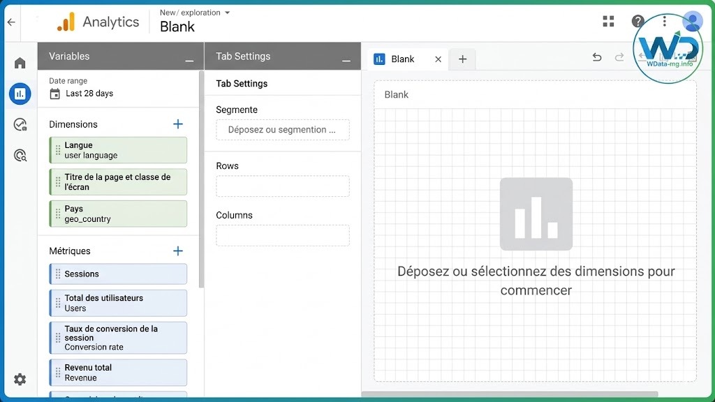 Capture d'écran d'un tableau de bord de rapports Google Analytics (Rapport 1 : Performance par langue FR/EN/DE/NL) affichant des métriques clés (Sessions, Utilisateurs Unique, Taux de Conversion, Revenu par Session) segmentées par langue d'utilisateur. Un encadré en bas à droite met en évidence l'utilité pour l'optimisation marketing par langue.