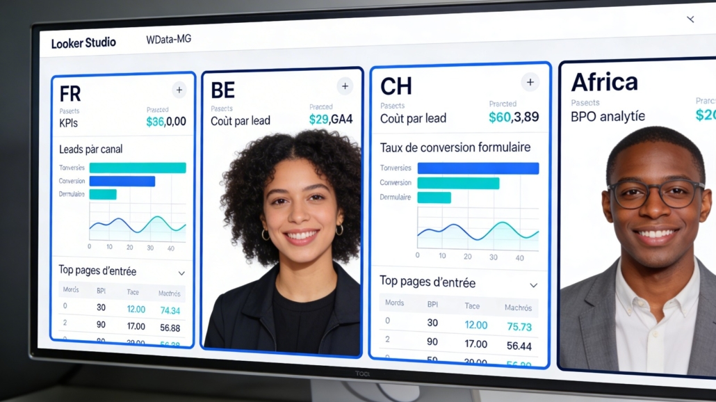 Dashboard Looker Studio fictif pour WData‑MG montrant les performances GA4 de quatre marchés FR, BE, CH et Africa, avec les KPIs leads par canal, coût par lead, taux de conversion formulaire et top pages d’entrée côte à côte pour le pilotage analytics BPO.