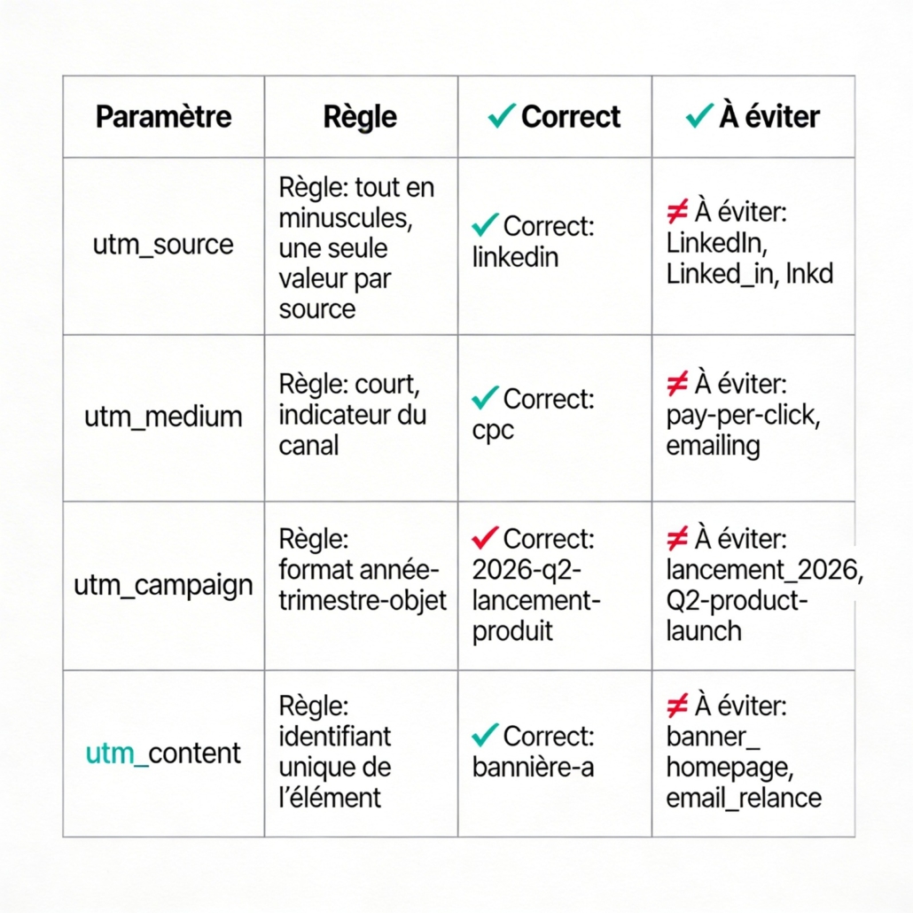 Infographie montrant un tableau de gouvernance UTM à quatre colonnes avec les paramètres, les règles de nommage et des exemples corrects en teal et incorrects en rouge pour standardiser le tracking des campagnes B2B dans Google Analytics 4.