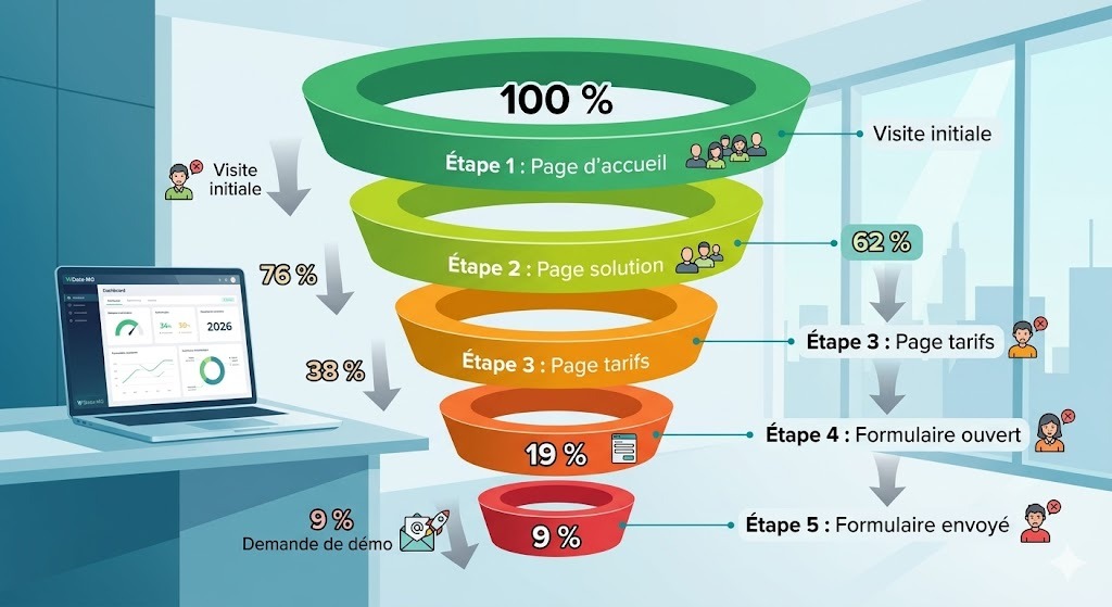 Schéma en entonnoir montrant le parcours visiteur d’un site B2B de la page d’accueil au formulaire envoyé, avec les taux de conversion à chaque étape.