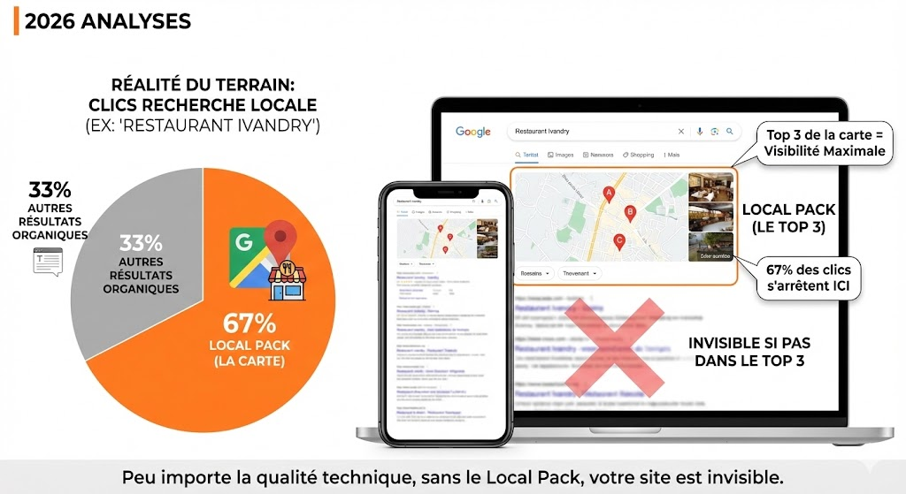 2026 ANALYSES : RÉALITÉ DU TERRAIN" illustrant la part de clics sur une recherche locale Google (exemple : "Restaurant Ivandry"). Un diagramme circulaire montre que 67% des clics vont au "LOCAL PACK (LA CARTE)" contre 33% aux autres résultats. À droite, des écrans mobile et ordinateur montrent le Top 3 de la carte Google captant l'attention, tandis que les résultats organiques situés en dessous sont barrés d'une croix rouge avec la mention "INVISIBLE SI PAS DANS LE TOP 3". Le texte de conclusion indique : "Peu importe la qualité technique, sans le Local Pack, votre site est invisible.