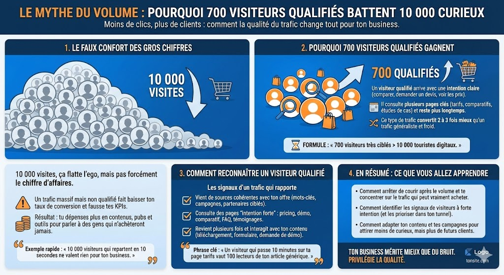 🎯 Le Mythe du Volume : Dans le marketing digital, plus de trafic ne signifie pas plus de ventes. Vous découvrirez pourquoi 700 visiteurs réellement qualifiés peuvent générer bien plus de résultats que 10 000 simples curieux.🔍 Nous verrons comment identifier, attirer et convertir les bons profils plutôt que de courir après des chiffres vides. Le but : miser sur la qualité du trafic, pas la quantité.