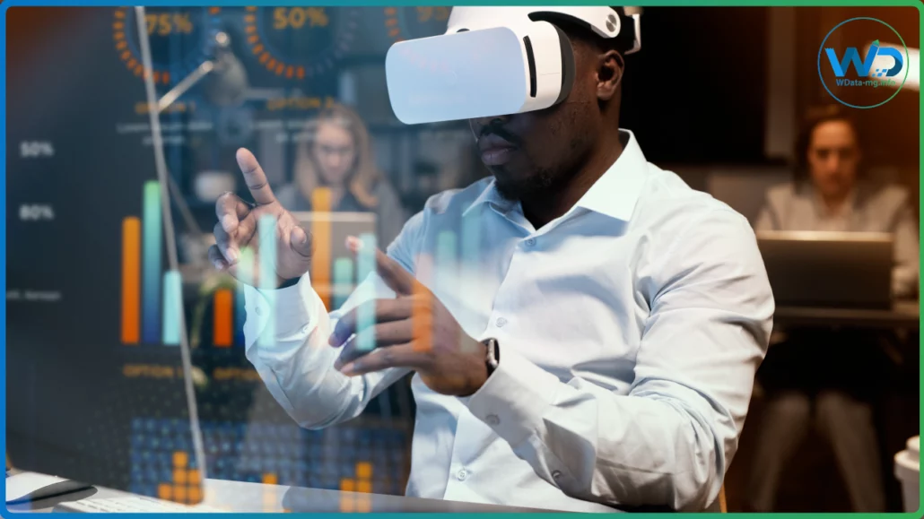 Un homme équipé d’un casque de réalité virtuelle manipule des graphiques numériques, plongeant au cœur d’une expérience immersive où technologie et interaction se rencontrent | wdata-mg.info