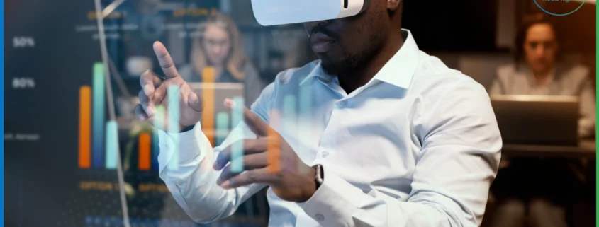 Un homme équipé d’un casque de réalité virtuelle manipule des graphiques numériques, plongeant au cœur d’une expérience immersive où technologie et interaction se rencontrent | wdata-mg.info