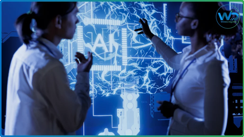 Devant un écran interactif affichant un cerveau numérique accompagné des lettres « AI », deux experts échangent et analysent les données, illustrant les avancées de l’intelligence artificielle dans les domaines de la recherche et de la technologie | wdata-mg.info