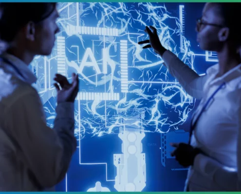 Devant un écran interactif affichant un cerveau numérique accompagné des lettres « AI », deux experts échangent et analysent les données, illustrant les avancées de l’intelligence artificielle dans les domaines de la recherche et de la technologie | wdata-mg.info