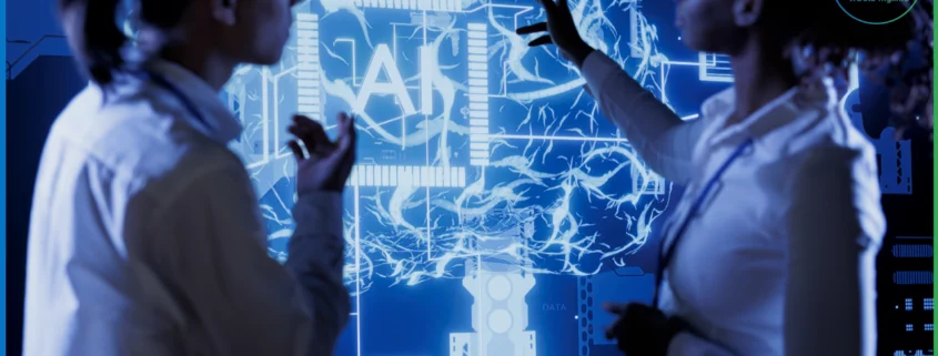 Devant un écran interactif affichant un cerveau numérique accompagné des lettres « AI », deux experts échangent et analysent les données, illustrant les avancées de l’intelligence artificielle dans les domaines de la recherche et de la technologie | wdata-mg.info