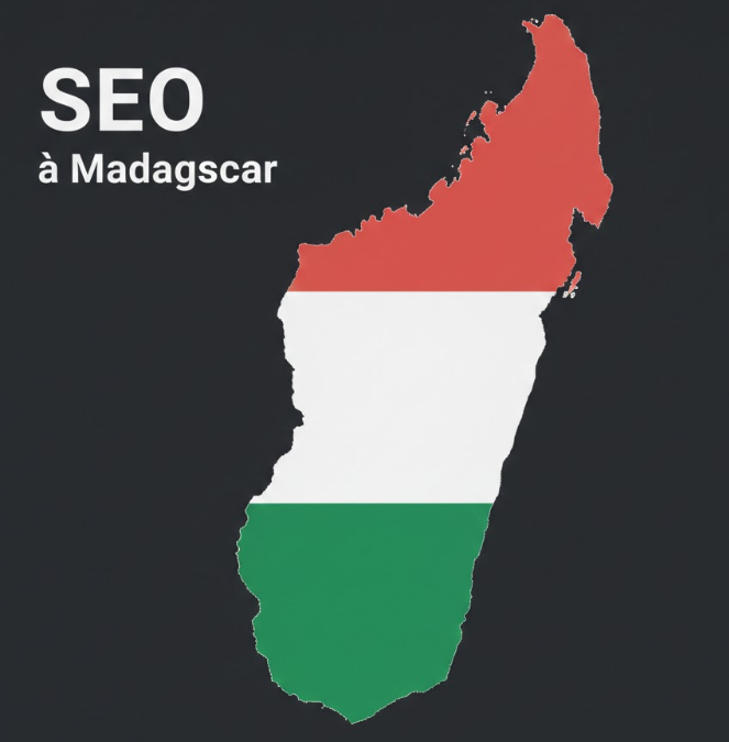 Visuel stylisé pour le SEO à Madagascar montrant une carte de Madagascar aux couleurs du drapeau national (blanc, rouge, vert) sur un fond sombre. Le texte "SEO à Madagascar" est écrit en gros caractères blancs à côté d'un logo Google. Le design évoque une interface web moderne et épurée, soulignant l'expertise locale en référencement naturel.