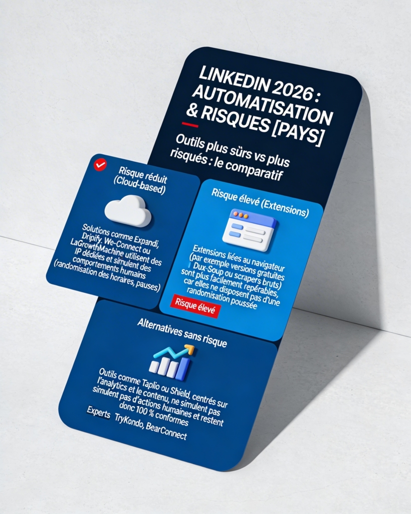 Infographie LinkedIn 2026 comparant les outils d’automatisation plus sûrs et plus risqués, solutions cloud vs extensions, avec alternatives 100% conformes comme Taplio et Shield.