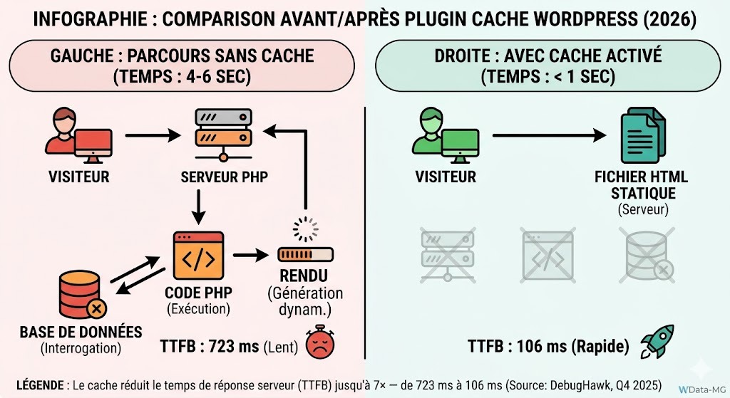 infographie comparaison avant après plugin cache WordPress temps chargement TTFB 2026