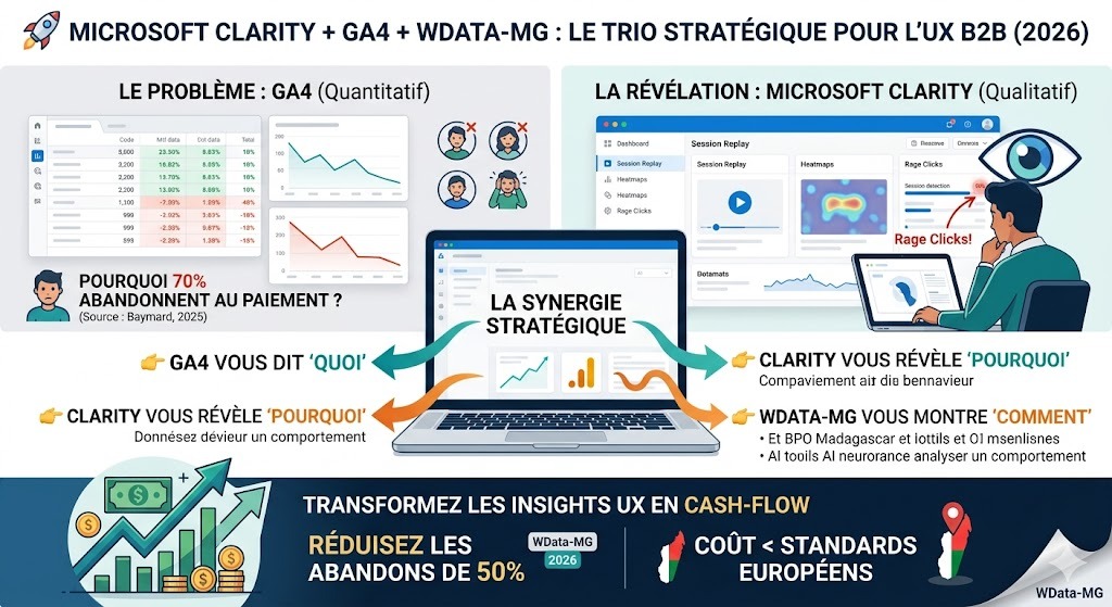 Infographie Microsoft Clarity GA4 WData-MG stratégie UX B2B 2026