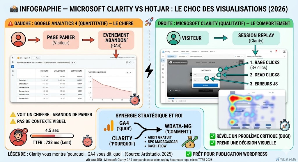 Infographie comparaison Microsoft Clarity vs Hotjar alternative gratuite illimitée B2B 2026