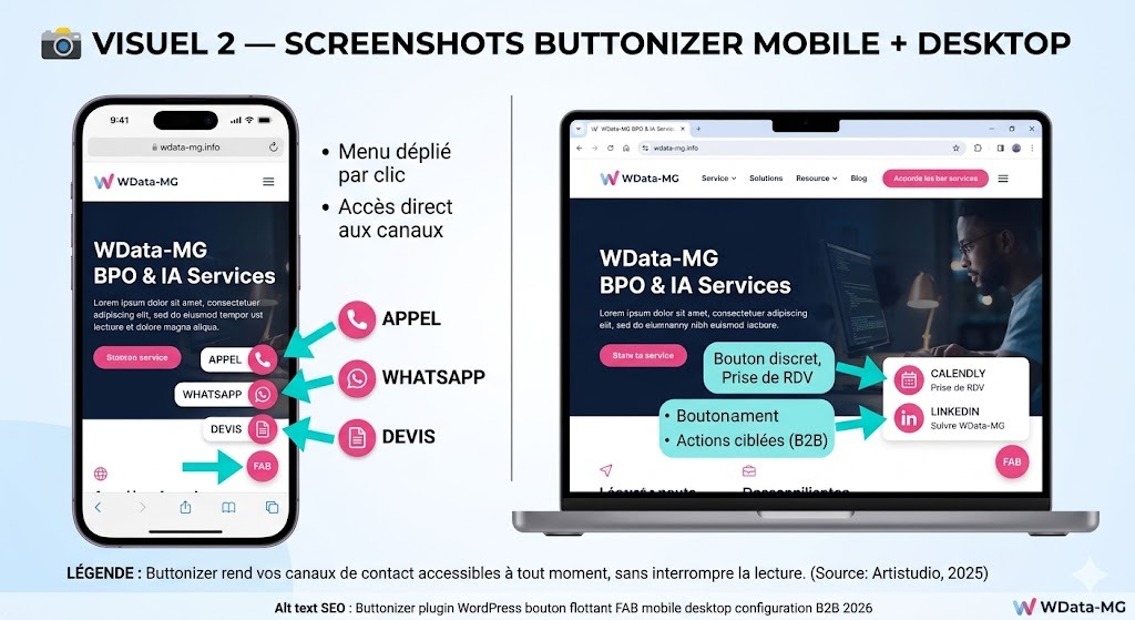 Plugin Buttonizer sur le site WData-MG en version mobile (menu déplié : Appel, WhatsApp, Devis) et desktop (boutons Calendly, LinkedIn) pour une configuration B2B 2026