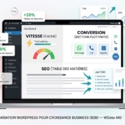 Plugins WordPress- Dashboard WordPress WData-MG illustrant le triangle d'optimisation B2B 2026 : vitesse via plugin cache (Fast Loading, -30% rebond), conversion via boutons flottants FAB (WhatsApp, Call, Calendly, +20% conversions) et SEO via Joli TOC (table des matières avec ancres)