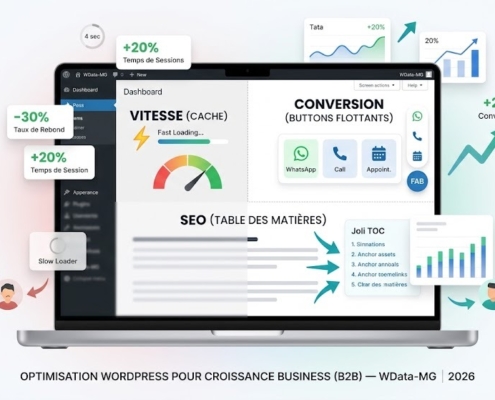 Plugins WordPress- Dashboard WordPress WData-MG illustrant le triangle d'optimisation B2B 2026 : vitesse via plugin cache (Fast Loading, -30% rebond), conversion via boutons flottants FAB (WhatsApp, Call, Calendly, +20% conversions) et SEO via Joli TOC (table des matières avec ancres)