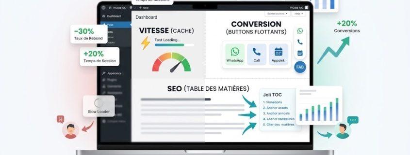 Plugins WordPress- Dashboard WordPress WData-MG illustrant le triangle d'optimisation B2B 2026 : vitesse via plugin cache (Fast Loading, -30% rebond), conversion via boutons flottants FAB (WhatsApp, Call, Calendly, +20% conversions) et SEO via Joli TOC (table des matières avec ancres)