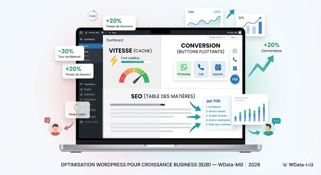 Plugins WordPress- Dashboard WordPress WData-MG illustrant le triangle d'optimisation B2B 2026 : vitesse via plugin cache (Fast Loading, -30% rebond), conversion via boutons flottants FAB (WhatsApp, Call, Calendly, +20% conversions) et SEO via Joli TOC (table des matières avec ancres)