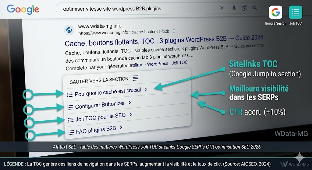 Résultat Google pour wdata-mg.info affichant des sitelinks TOC (Joli TOC) avec liens de navigation vers les sections de l'article, illustrant l'amélioration de la visibilité dans les SERPs et le CTR en 2026