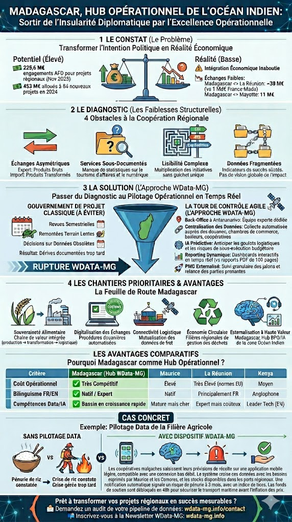 Infographie présentant Madagascar comme hub opérationnel de l'Océan Indien via l'approche WData-MG : diagnostic des faiblesses structurelles, solutions de pilotage de données en temps réel et avantages comparatifs régionaux.