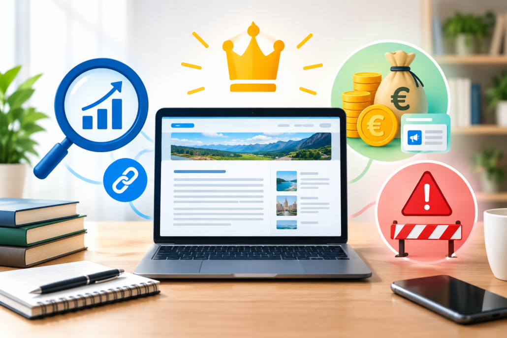 Une image d'illustration conceptuelle centrée sur un ordinateur portable ouvert sur un bureau en bois. L'écran affiche la mise en page d'un site web. Au-dessus de l'ordinateur, une couronne dorée stylisée brille. Sur la gauche, une loupe entoure un graphique à barres en hausse avec une flèche pointant vers le haut, symbolisant l'optimisation pour les moteurs de recherche (SEO). Une icône de lien bleu est reliée à la loupe et au site web, représentant le maillage. Sur la droite, une bulle verte contient un sac d'argent en euros, des piles de pièces en euros et une icône d'annonce, illustrant la monétisation. En dessous, une bulle rouge montre un panneau d'avertissement et une barrière, indiquant des erreurs ou des pénalités. Le tout dans un décor de bureau chaleureux avec des livres, un carnet et un smartphone. | WData-mg