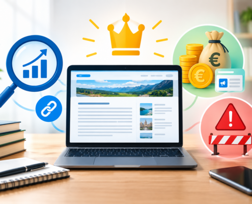 Une image d'illustration conceptuelle centrée sur un ordinateur portable ouvert sur un bureau en bois. L'écran affiche la mise en page d'un site web. Au-dessus de l'ordinateur, une couronne dorée stylisée brille. Sur la gauche, une loupe entoure un graphique à barres en hausse avec une flèche pointant vers le haut, symbolisant l'optimisation pour les moteurs de recherche (SEO). Une icône de lien bleu est reliée à la loupe et au site web, représentant le maillage. Sur la droite, une bulle verte contient un sac d'argent en euros, des piles de pièces en euros et une icône d'annonce, illustrant la monétisation. En dessous, une bulle rouge montre un panneau d'avertissement et une barrière, indiquant des erreurs ou des pénalités. Le tout dans un décor de bureau chaleureux avec des livres, un carnet et un smartphone. | WData-mg