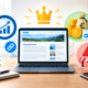 Une image d'illustration conceptuelle centrée sur un ordinateur portable ouvert sur un bureau en bois. L'écran affiche la mise en page d'un site web. Au-dessus de l'ordinateur, une couronne dorée stylisée brille. Sur la gauche, une loupe entoure un graphique à barres en hausse avec une flèche pointant vers le haut, symbolisant l'optimisation pour les moteurs de recherche (SEO). Une icône de lien bleu est reliée à la loupe et au site web, représentant le maillage. Sur la droite, une bulle verte contient un sac d'argent en euros, des piles de pièces en euros et une icône d'annonce, illustrant la monétisation. En dessous, une bulle rouge montre un panneau d'avertissement et une barrière, indiquant des erreurs ou des pénalités. Le tout dans un décor de bureau chaleureux avec des livres, un carnet et un smartphone. | WData-mg