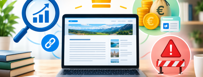 Une image d'illustration conceptuelle centrée sur un ordinateur portable ouvert sur un bureau en bois. L'écran affiche la mise en page d'un site web. Au-dessus de l'ordinateur, une couronne dorée stylisée brille. Sur la gauche, une loupe entoure un graphique à barres en hausse avec une flèche pointant vers le haut, symbolisant l'optimisation pour les moteurs de recherche (SEO). Une icône de lien bleu est reliée à la loupe et au site web, représentant le maillage. Sur la droite, une bulle verte contient un sac d'argent en euros, des piles de pièces en euros et une icône d'annonce, illustrant la monétisation. En dessous, une bulle rouge montre un panneau d'avertissement et une barrière, indiquant des erreurs ou des pénalités. Le tout dans un décor de bureau chaleureux avec des livres, un carnet et un smartphone. | WData-mg