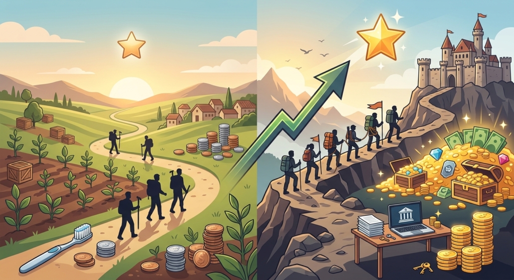 Illustration d'un paysage séparé en deux, comparant les niveaux de revenus et de difficulté de deux types de niches. À gauche, une colline facile à gravir et des revenus modestes, symbolisés par une brosse à dents et des pièces de monnaie. À droite, une montagne escarpée menant à un château, symbolisant des revenus importants (coffres-forts, billets) et une niche financière (ordinateur affichant un logo de banque). | WData-MG
