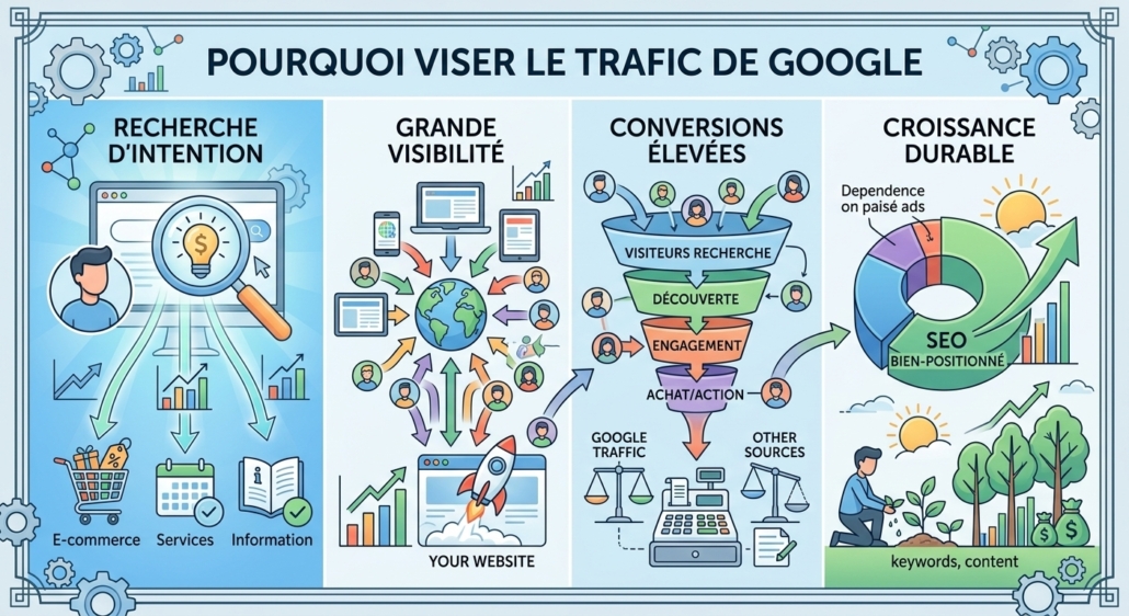 Une infographie colorée et détaillée découpée en quatre sections. La première montre un homme utilisant une loupe pour rechercher des "intention" d'achat sur un écran d'ordinateur, avec des flèches pointant vers un panier d'achat, un calendrier de services et un livre d'information. La deuxième montre des flèches reliant des utilisateurs du monde entier (depuis un globe et divers appareils) vers "VOTRE SITE WEB" symbolisé par un rocket. La troisième montre un entonnoir de conversion avec des utilisateurs passant par les étapes de détective, engagement et achat/action, avec une balance comparant le trafic Google et d'autres sources. La quatrième montre un graphique en anneau illustrant la transition des publicités payantes vers le référencement naturel (SEO BIEN-POSITIONNÉ), avec une illustration de croissance verte (soleil, arbres, argent). Le titre en haut est "POURQUOI VISER LE TRAFIC DE GOOGLE".  | WData-mg