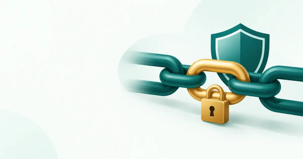 Illustration d'une chaîne teal dont un maillon doré est verrouillé par un cadenas, devant un bouclier
