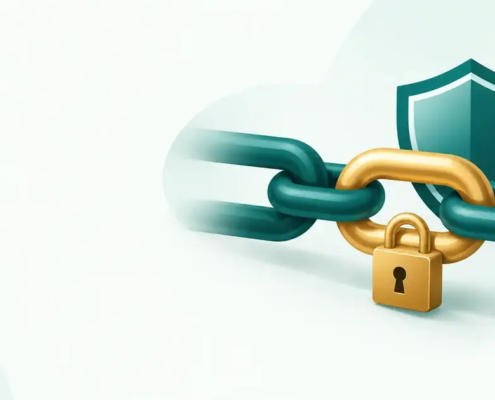 Illustration d'une chaîne teal dont un maillon doré est verrouillé par un cadenas, devant un bouclier