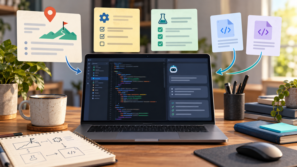 Illustration d’un poste de développement avec objectif de projet, consignes, checklist de tests et tâches de code déléguées