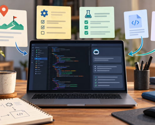 Illustration d’un poste de développement avec objectif de projet, consignes, checklist de tests et tâches de code déléguées