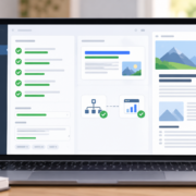 Illustration d’un tableau de bord WordPress avec checklist SEO, aperçu de résultat de recherche et réglages de sitemap