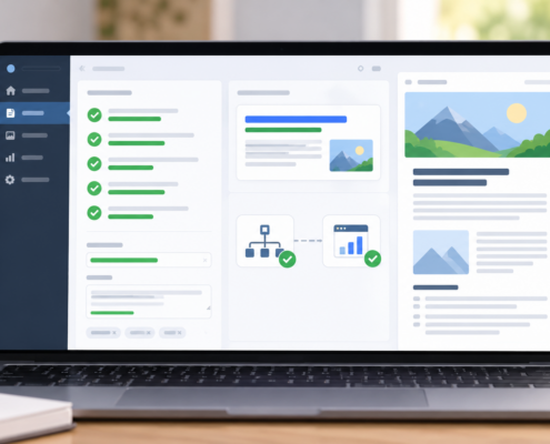 Illustration d’un tableau de bord WordPress avec checklist SEO, aperçu de résultat de recherche et réglages de sitemap
